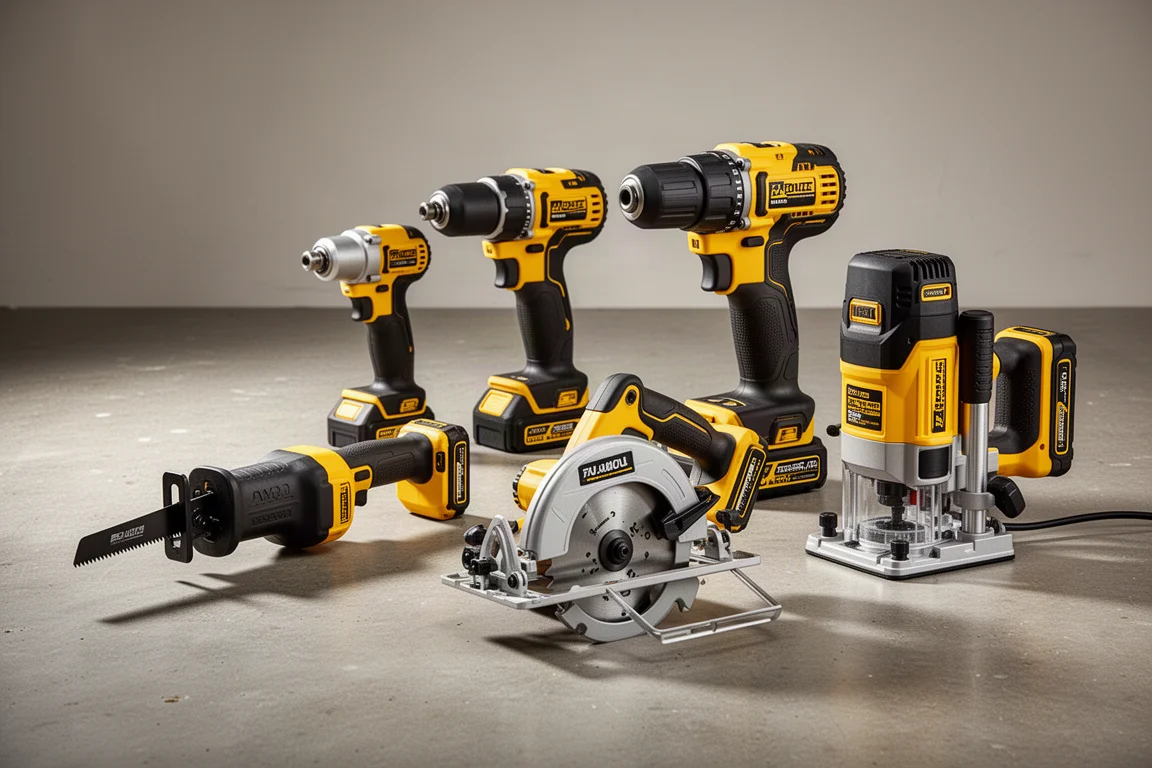 Cinque nuovi utensili a batteria DeWalt 20V disposti su un pavimento di cemento in officina