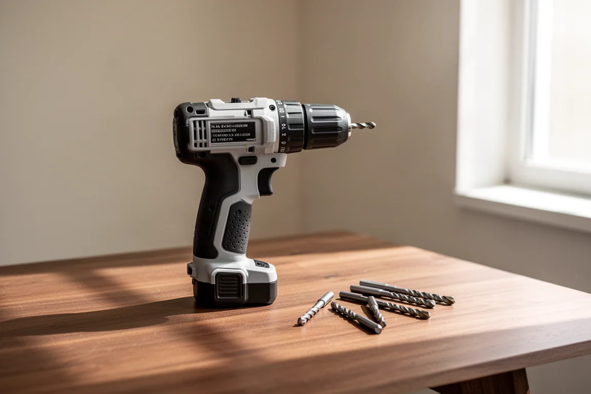 Avvitatore a batteria leggero appoggiato su una superficie di lavoro in legno