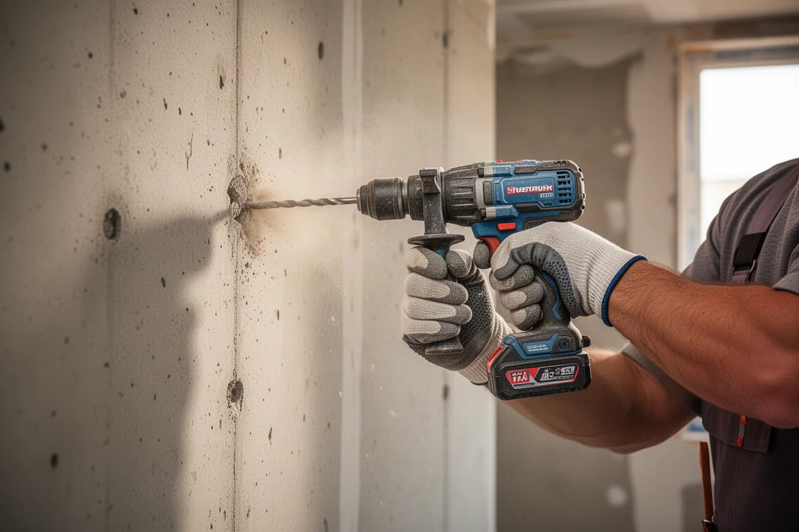 Un artigiano fora un muro di cemento in un interno incompiuto