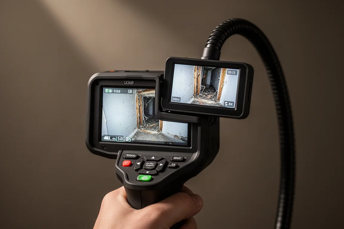 Schermo di una telecamera per ispezione che mostra una vista in tempo reale all'interno di una intercapedine muraria