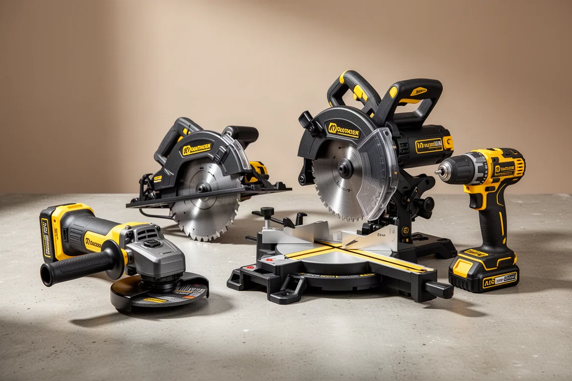 DeWalt cordless power tools including a grinder, circular saw, miter saw, and drill on a concrete surface