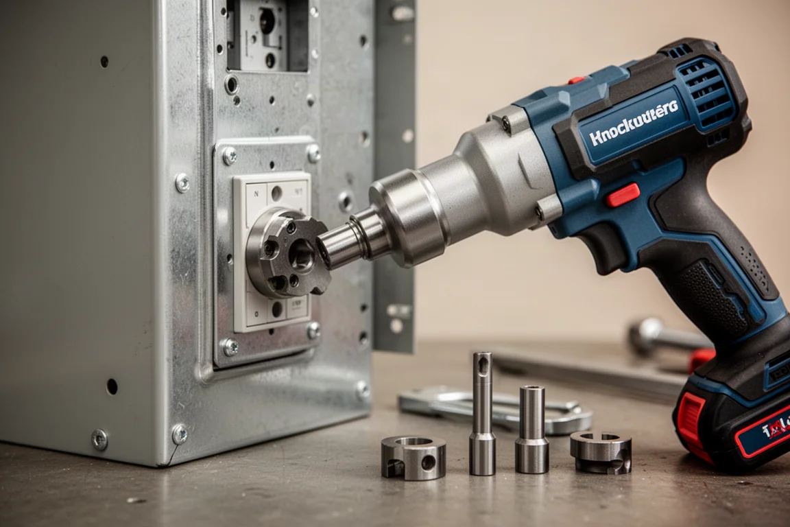 Dłonie elektryka prowadzące hydrauliczny punching do wyboru otworów przy stalowej szafie elektrycznej