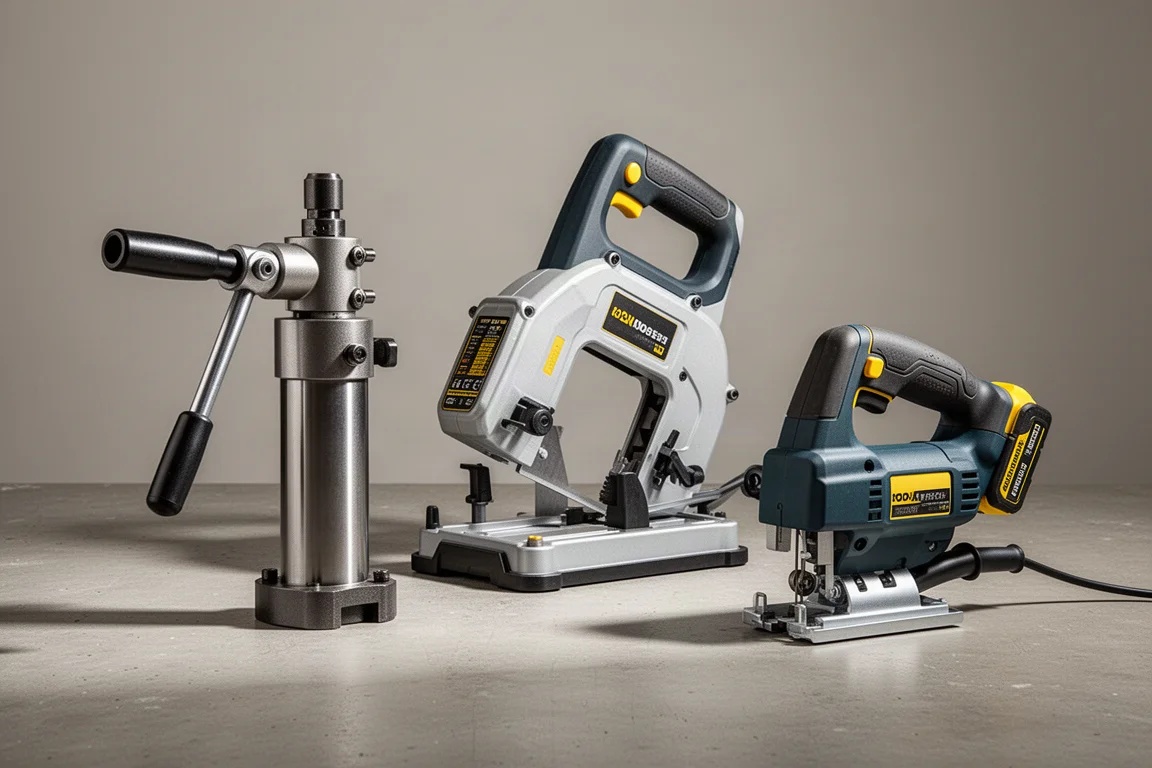 Tre utensili DeWalt a batteria, tra cui un punzonatore e due seghe a nastro, su una superficie di cemento