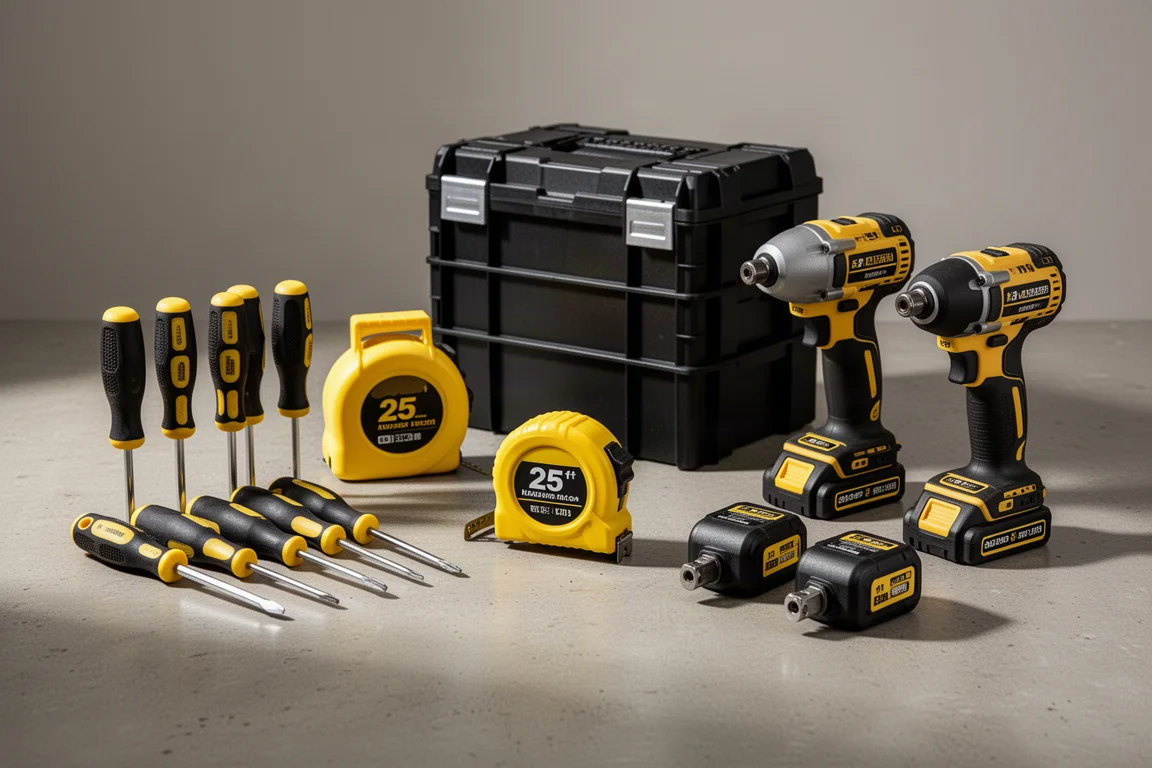 DeWalt hand tools, tape measure, storage box, and compact power tools arranged on concrete