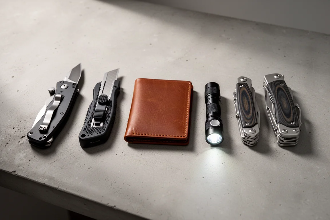 Six EDC products including a folding knife, utility knife, wallet, flashlight, and two multi-tools arranged on a concrete desk