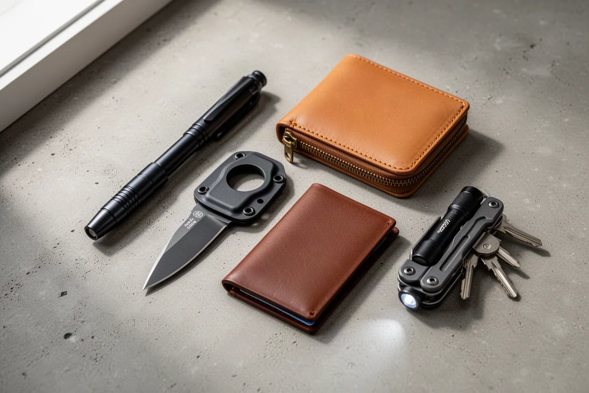 Flat-lay of an EDC pen, fixed blade knife, two leather wallets, and a modular key organizer on concrete