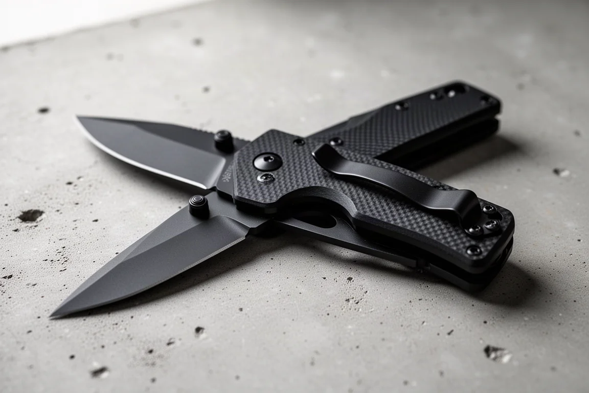 Black folding pocket knife with textured G10 scales resting on concrete