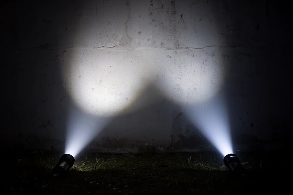 Flashlight beams projected on a dark wall, one broad flood and one focused spot