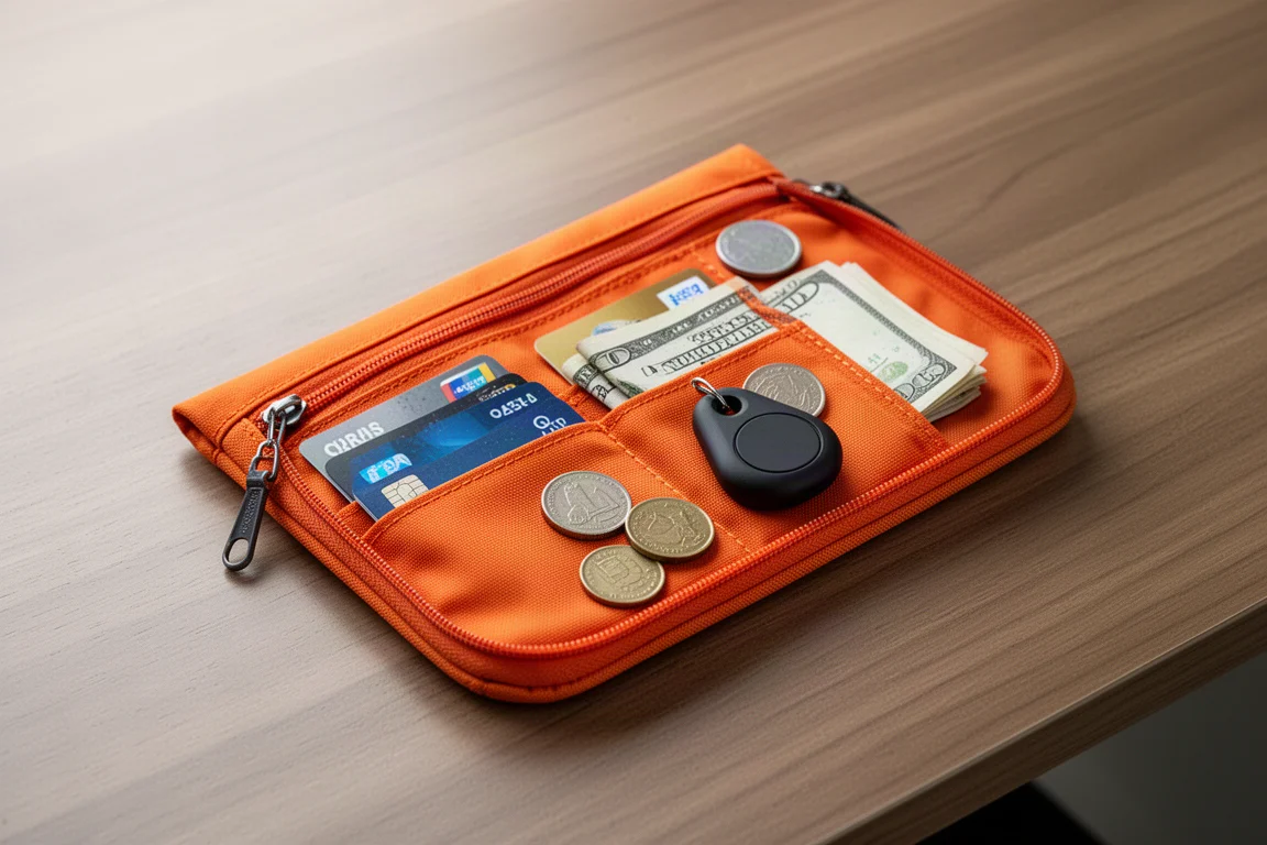 Slim fabric zip pouch open on a desk showing cards and small gear inside