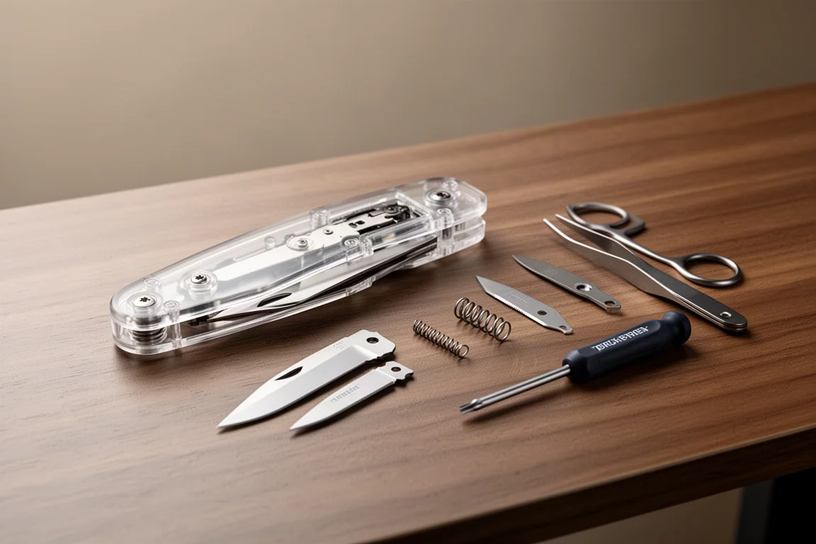 Transparent build-it-yourself pocket knife kit with parts laid out on a desk