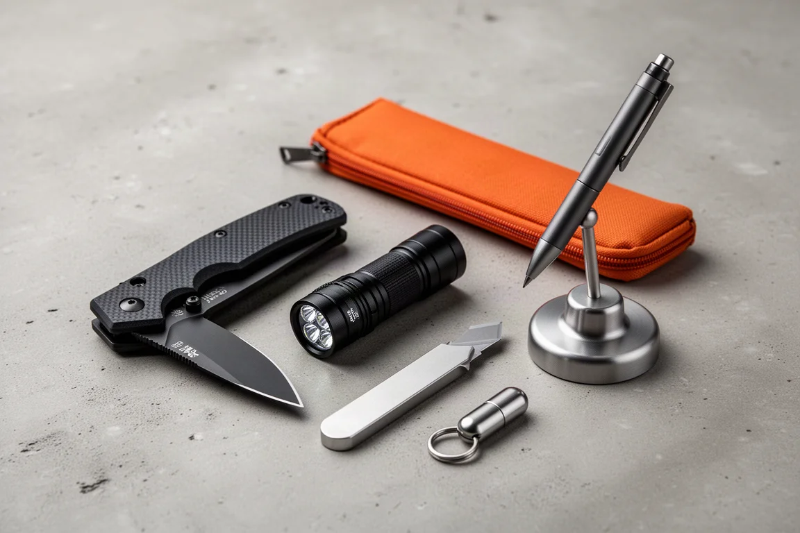 Disposizione in flat-lay di articoli EDC tra cui un coltello chiudibile, una torcia, una pochette e una penna fluttuante su cemento
