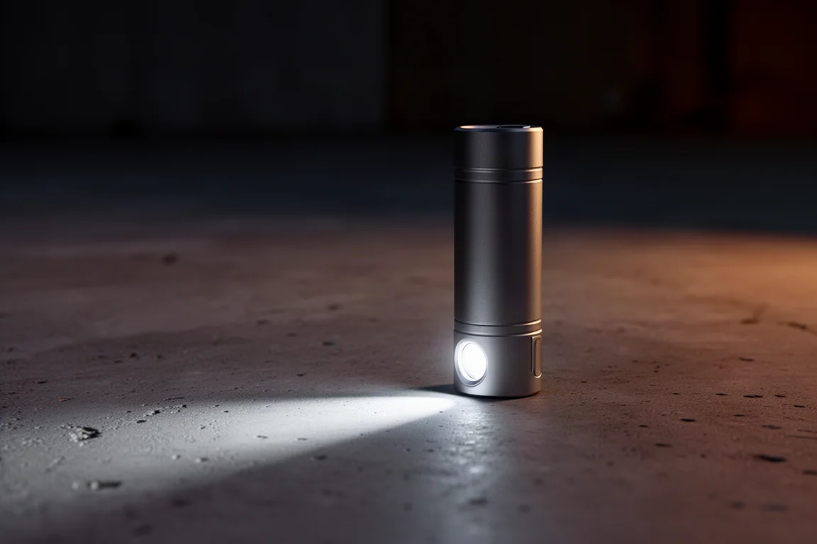 Linterna compacta 18650 en posición vertical sobre una superficie de hormigón proyectando luz