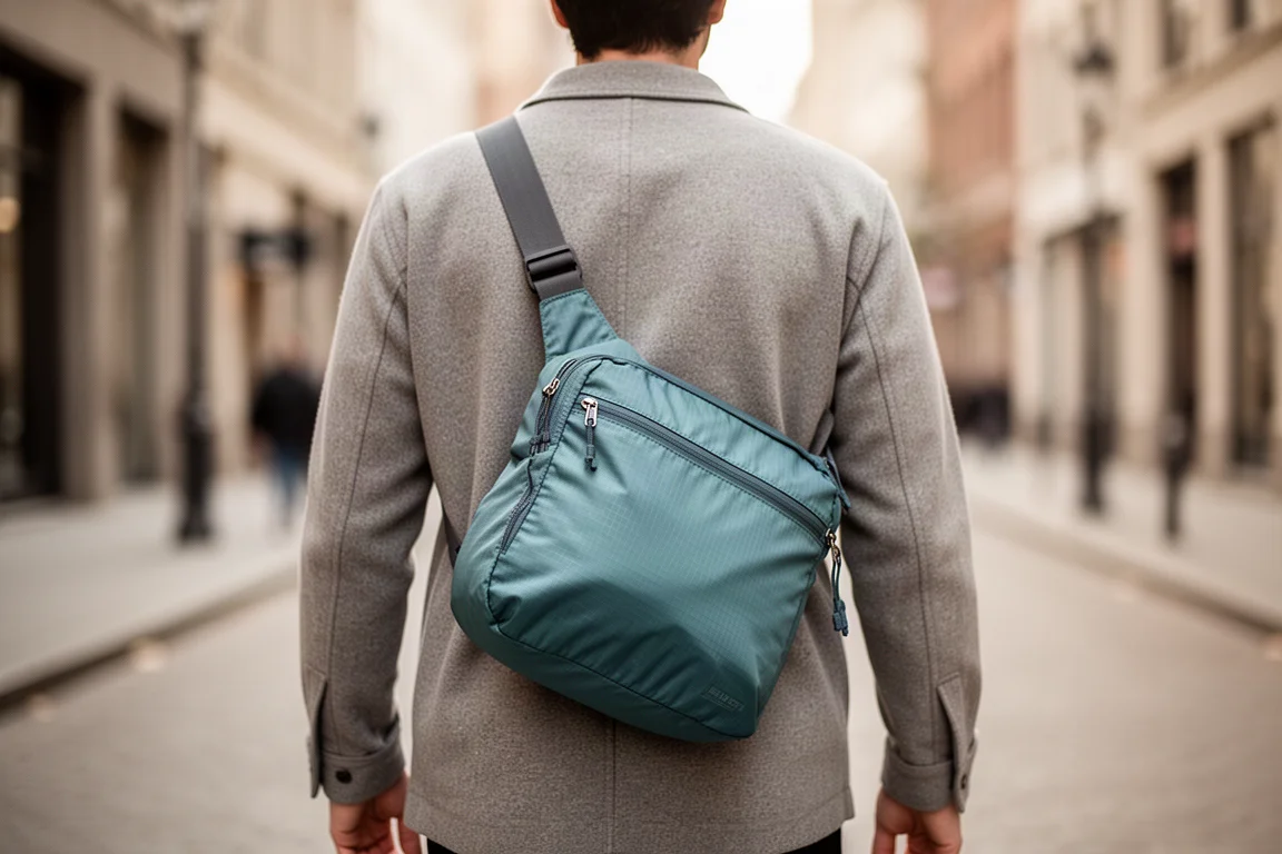 Bolsa sling de nailon turquesa llevada al hombro en un entorno urbano