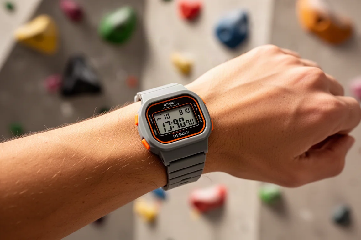 Reloj digital gris y naranja en una muñeca junto a presas de escalada