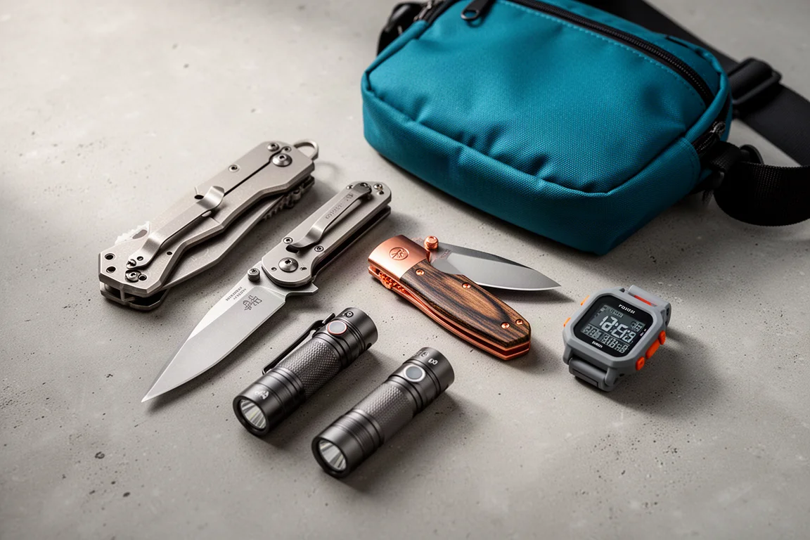 Composizione flat-lay di coltelli chiudibili, torce, una borsa a tracolla verde acqua e un orologio digitale grigio-arancio su cemento
