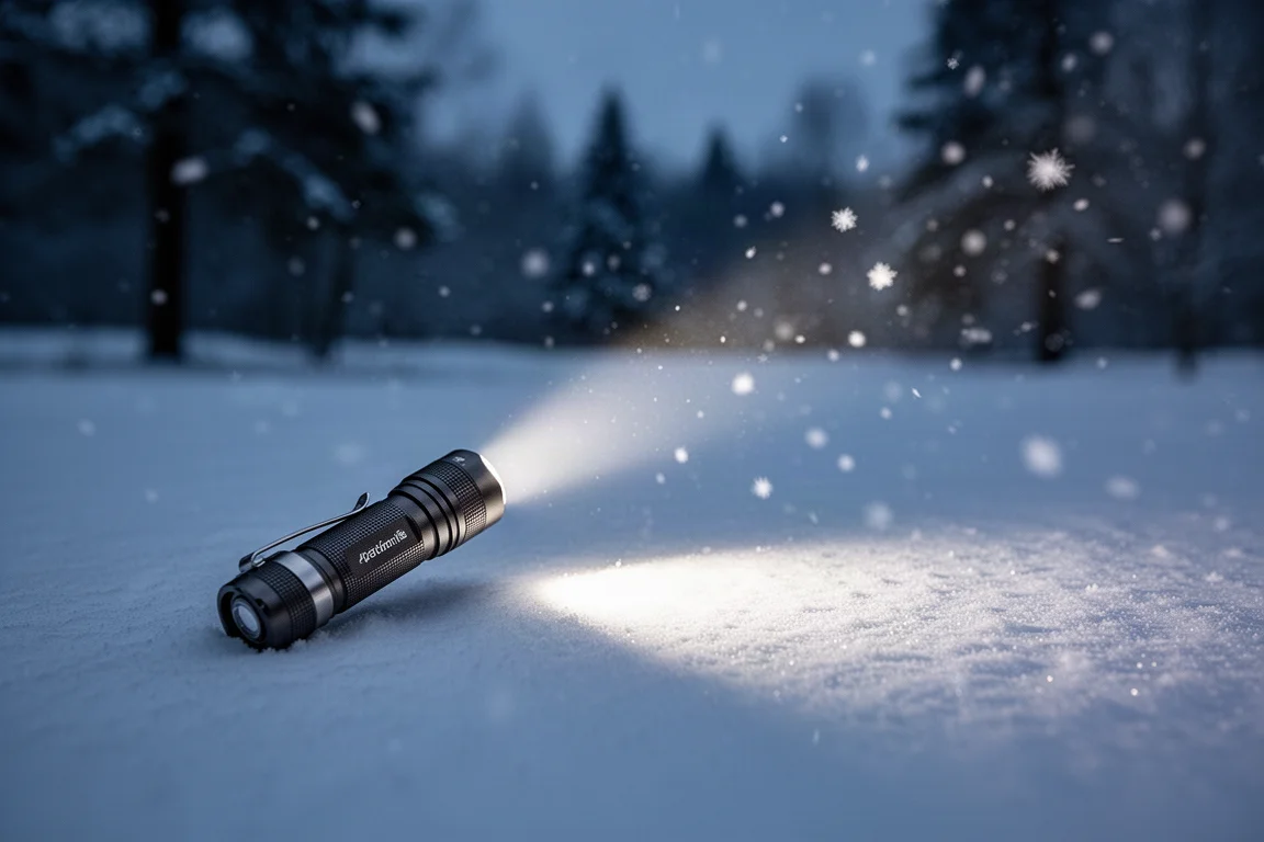 黃昏時分電筒光束穿透飄落的雪花