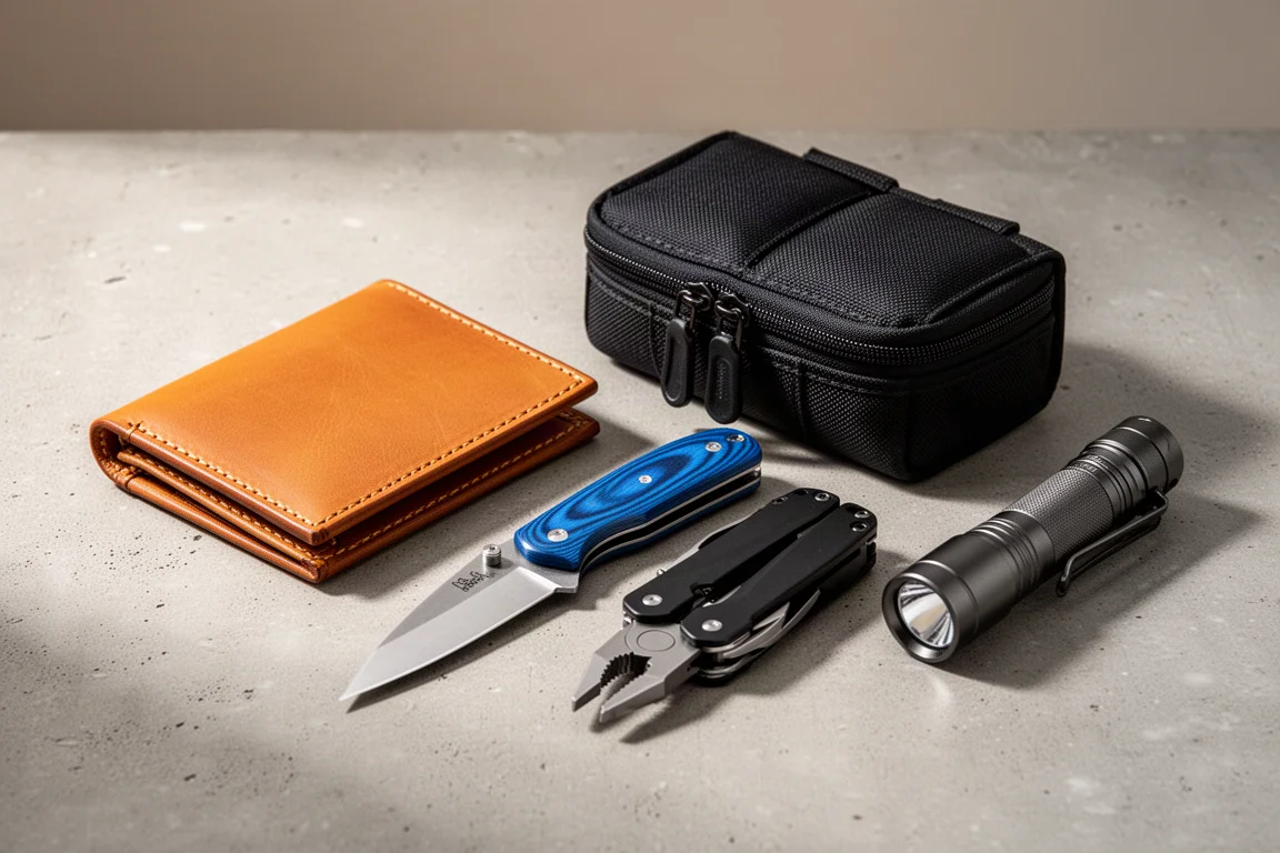 Five EDC items on concrete: leather wallet, mini cleaver knife, nylon pouch, multi-tool, and flashlight