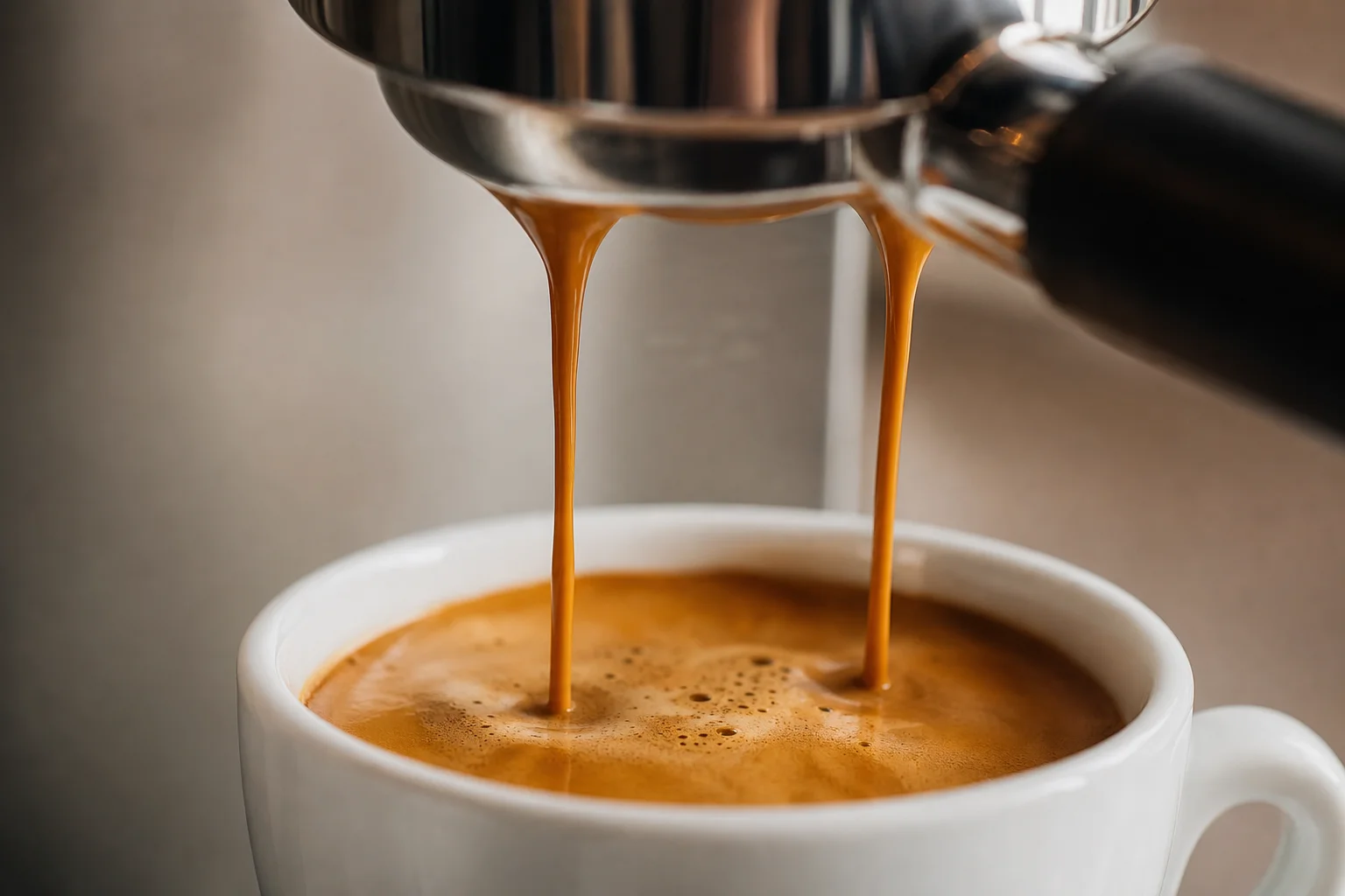 義式咖啡萃取過程，白色杯中可見濃郁的 Crema