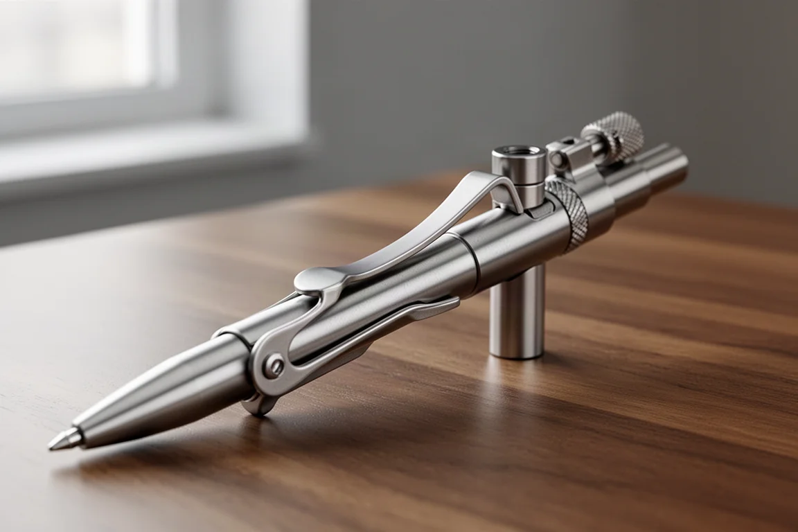 Titanium pen bolt-action mechanism close-up on a wooden desk