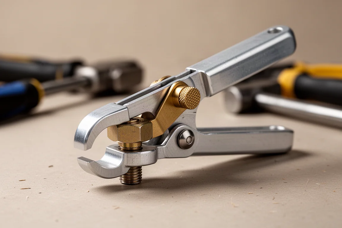 Compact metal gripping tool clamping a hex bolt in a workshop