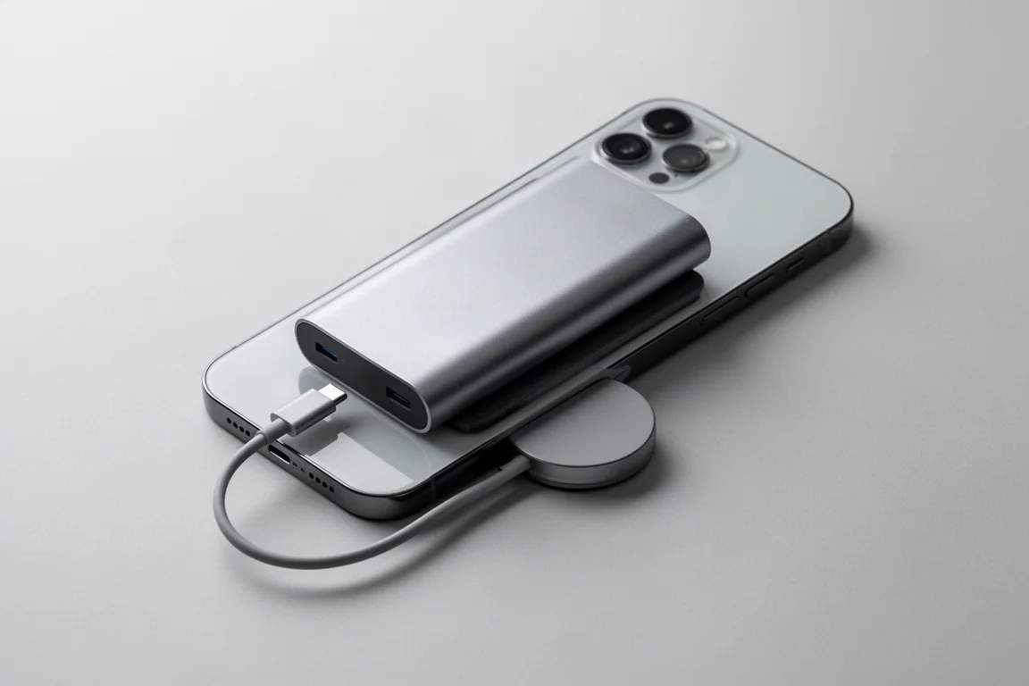 Slim power bank magnetically attached to the back of a smartphone