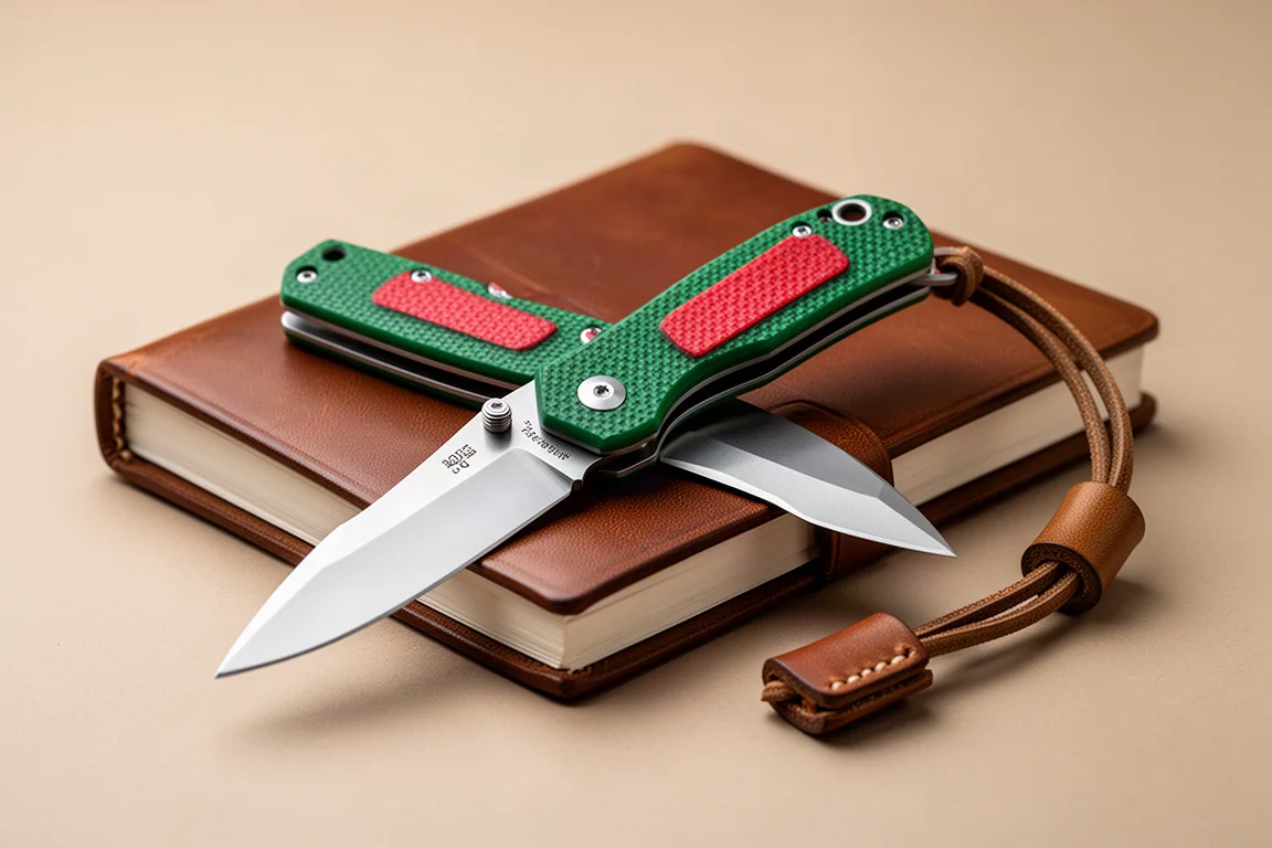 Slip joint pocket knife open on a leather notebook with green G10 scales