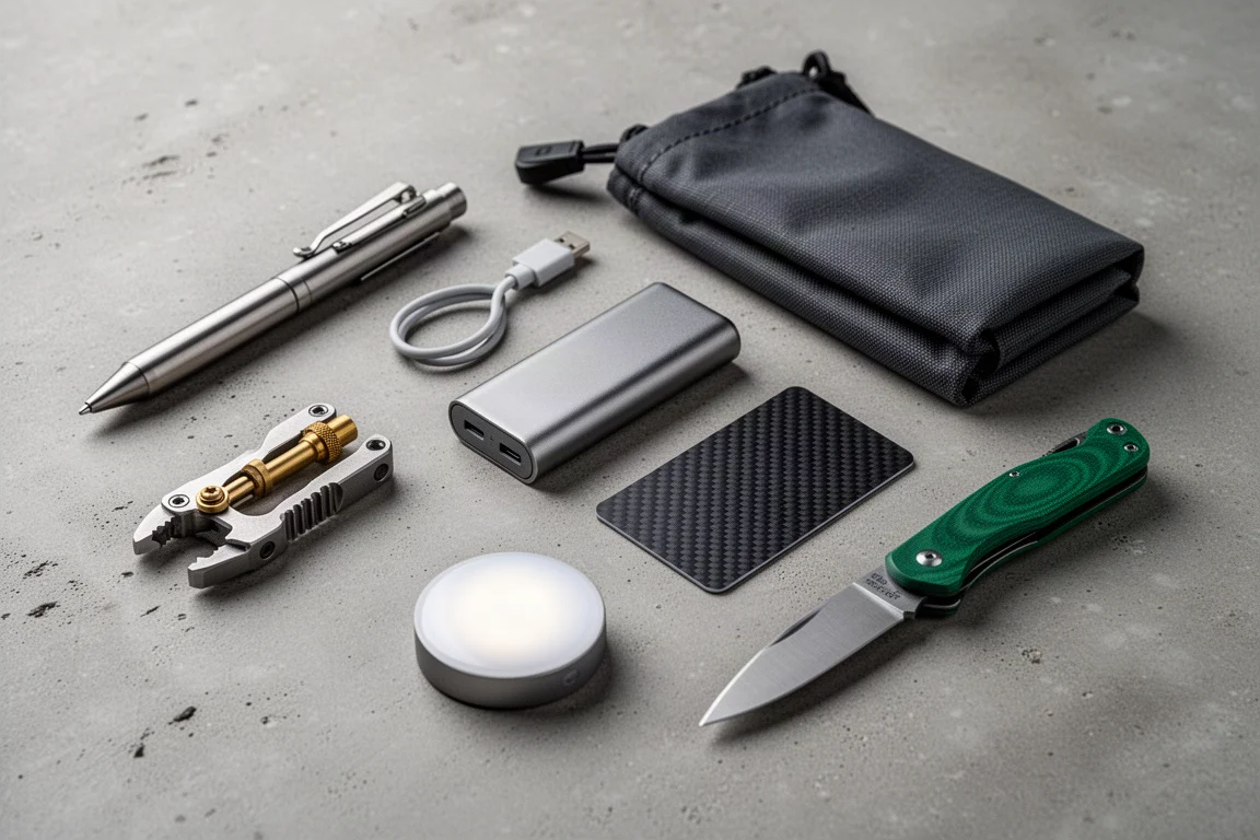 Flat-lay di otto oggetti da everyday carry, tra cui una penna in titanio, un power bank, una sacca da viaggio e un coltellino da tasca
