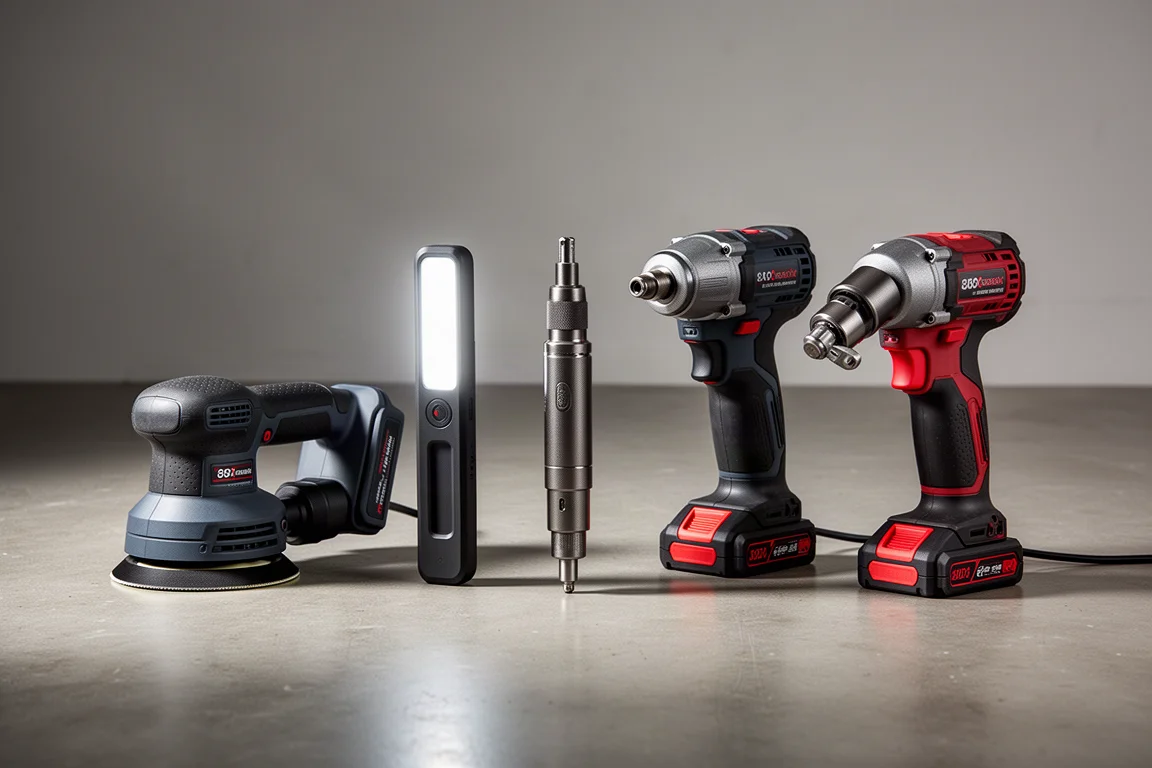 Schieramento di cinque utensili elettrici a batteria Flex 24V sul pavimento in cemento di un'officina