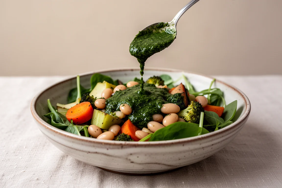 Grüne Kräutersauce wird über frischer Gemüsesalat in einer Keramikschale gegossen