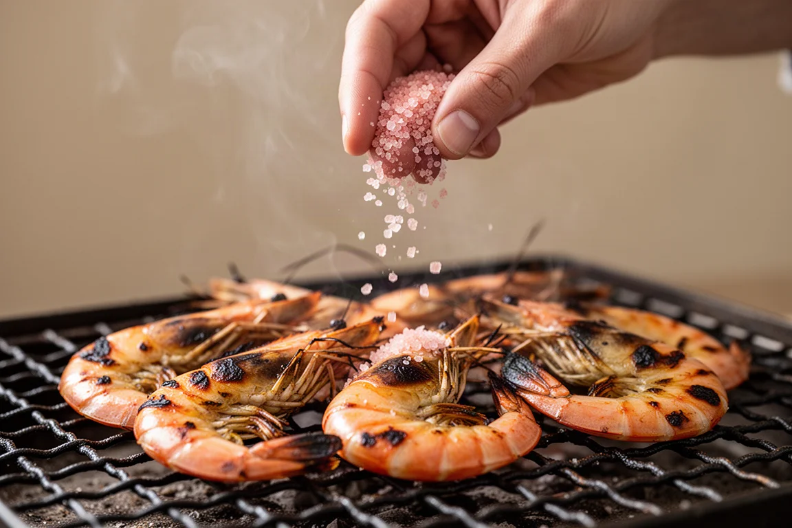 Angegrillte Garnelen auf einem Grillrost werden mit würzigem Finish-Salz bestreut
