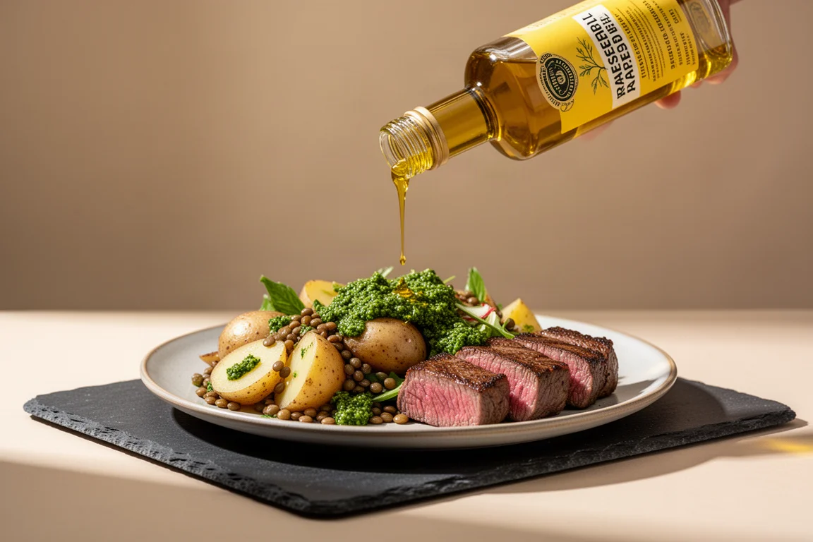 Flasche mit goldenem Rapsöl wird über angebratenem Steaksalat beträufelt