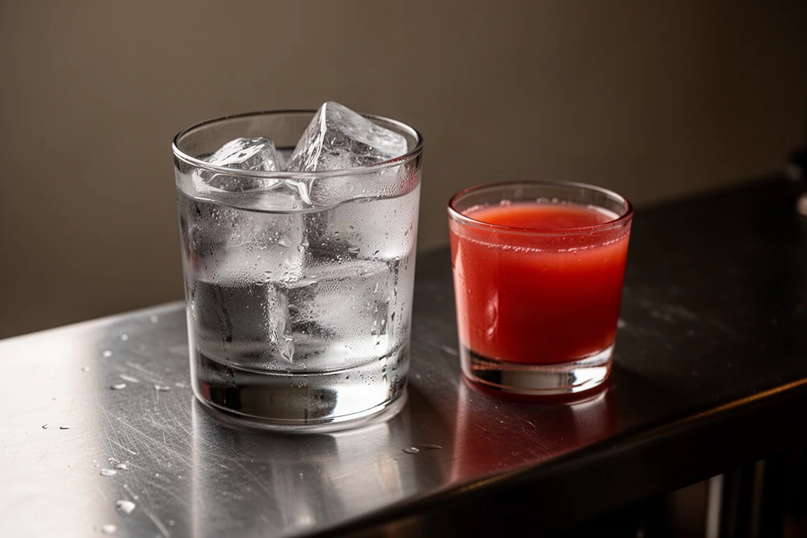 Klare Spirituose im Tumbler auf Eis mit einer Scheibe Blutorange daneben