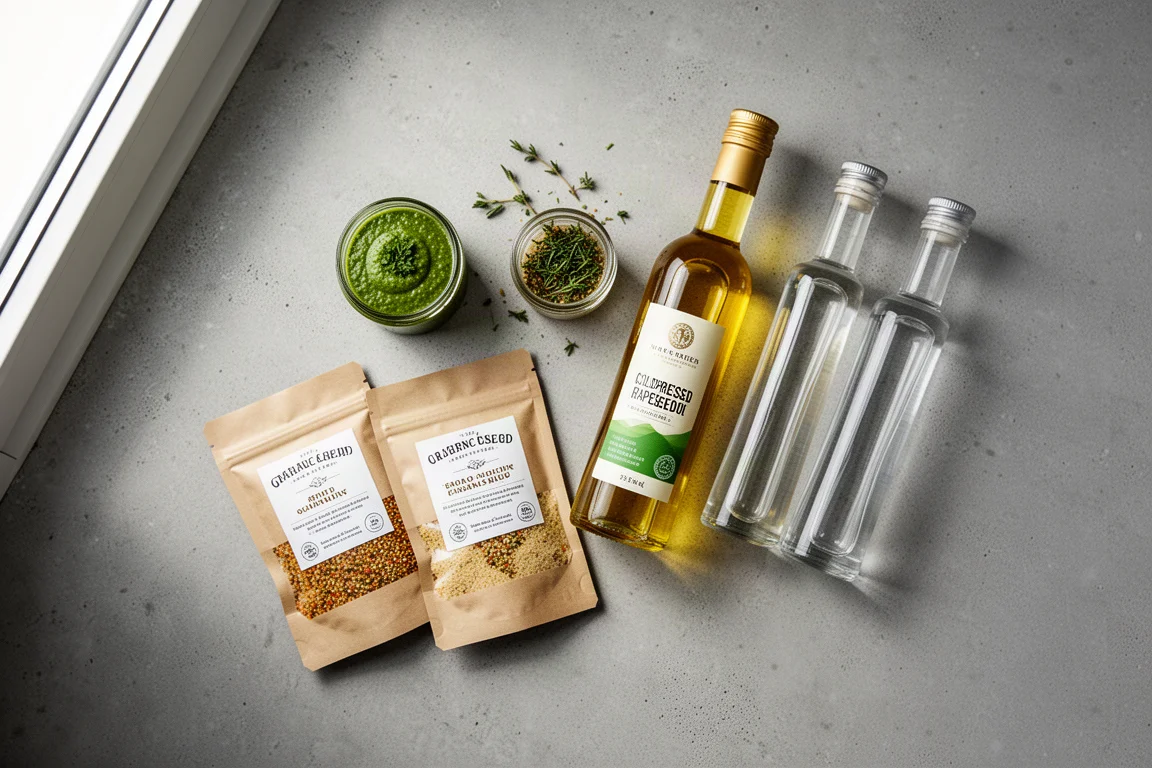 Flat-lay of herb sauce, spice salts, rapeseed oil and spirit bottles on concrete