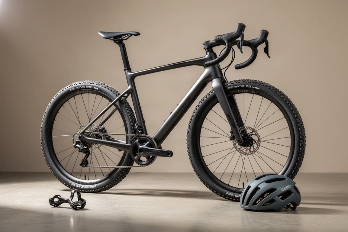 Gravelracefiets met brede banden, een wegpedaal en een tijdrithelm op beton
