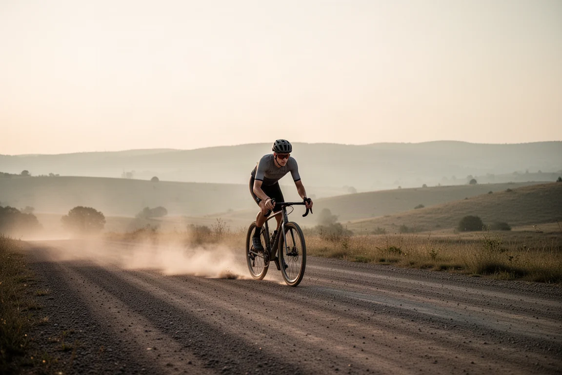 Gravel rider on a wide gravel road at dawn with dust and distant hills