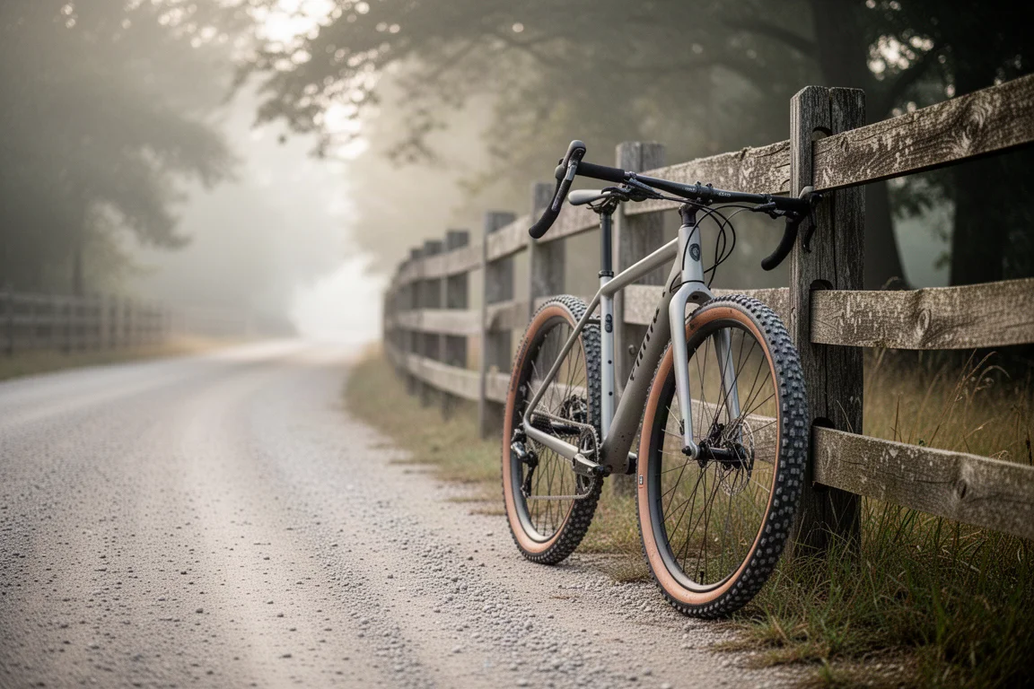 Gravel bike leaning on a fence beside a fast gravel road at dawn