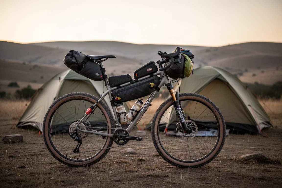 Bikepacking gravel bike with frame bags at a remote campsite at dusk