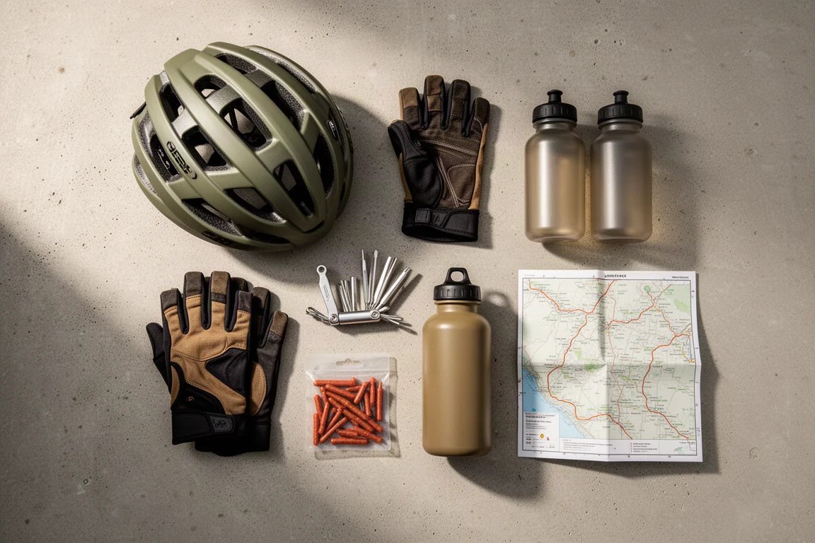 Flat-lay of gravel riding essentials on a concrete surface