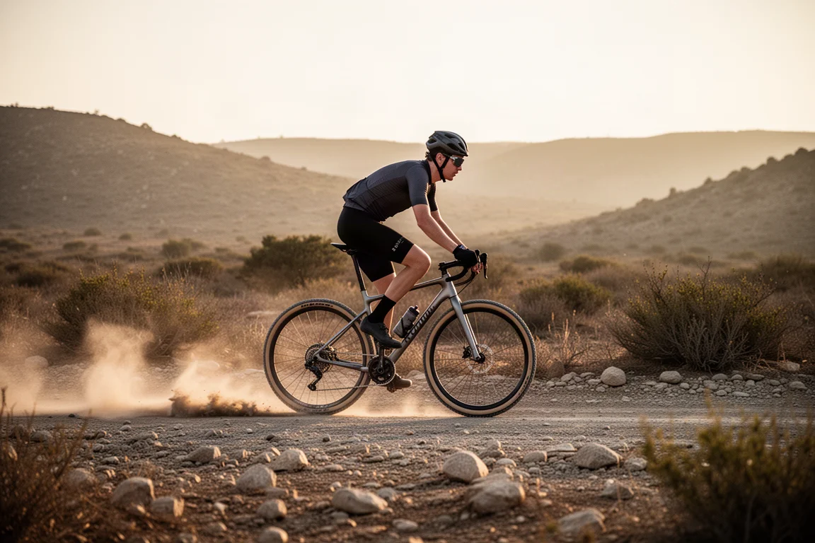 Cycliste gravel sur une piste rocailleuse et meuble à l'heure dorée, poussière soulevée