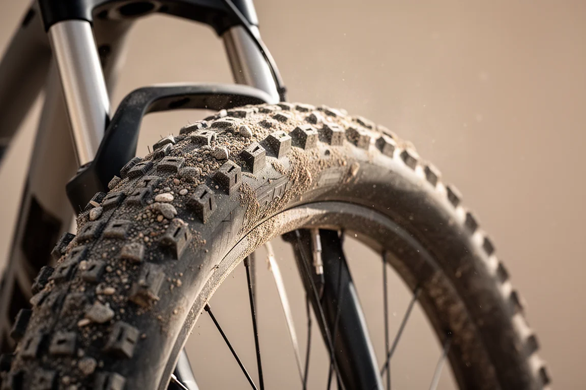 Gros plan sur un pneu gravel large et sur le dégagement qui l'entoure dans un cadre et une fourche