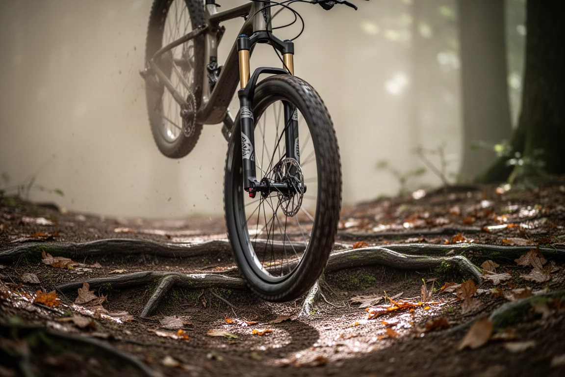 Fourche suspendue gravel qui se comprime sur des racines dans un sentier boisé