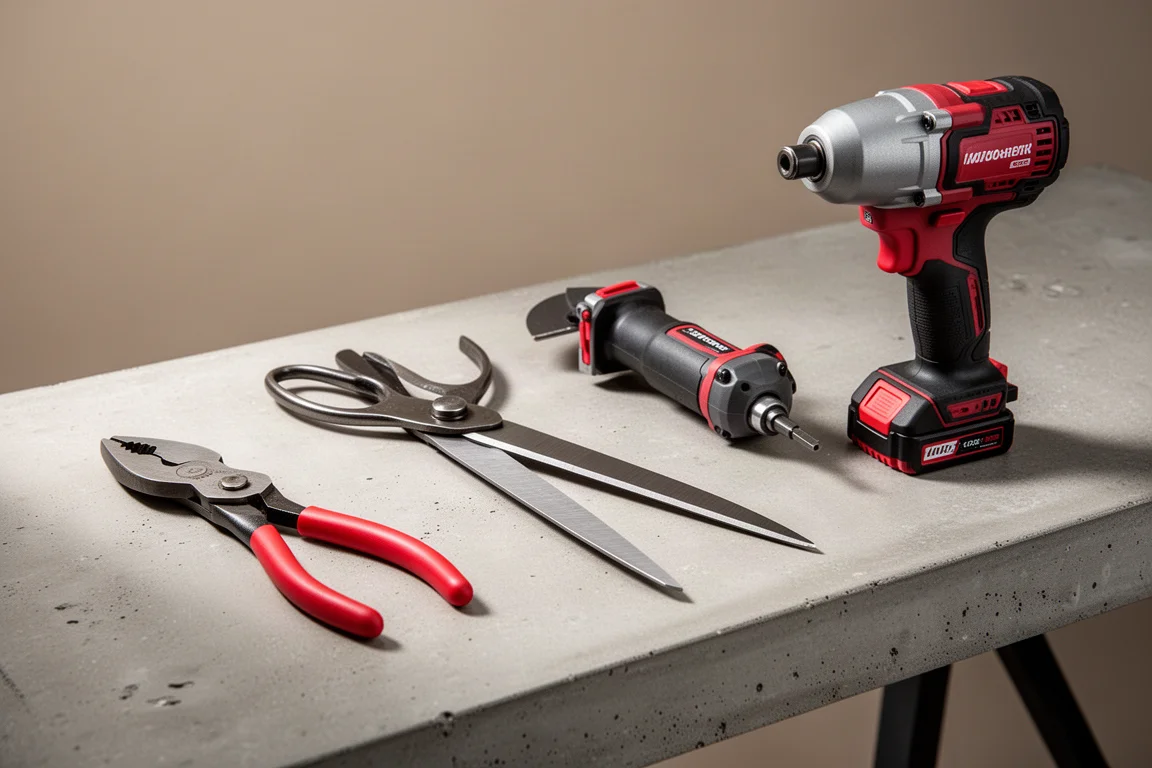 Assortment of hand tools and cordless power tools on a concrete workbench