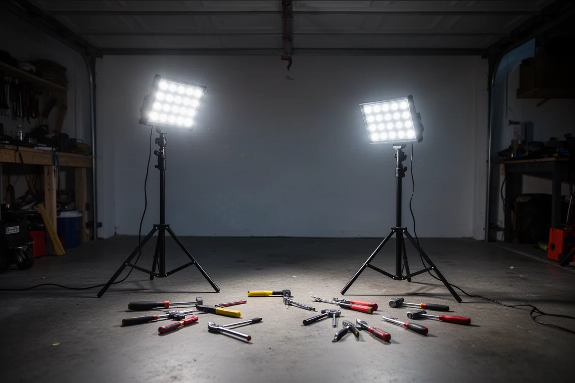 Espacio de trabajo de garaje iluminado por una luz de trabajo LED multidireccional muy brillante