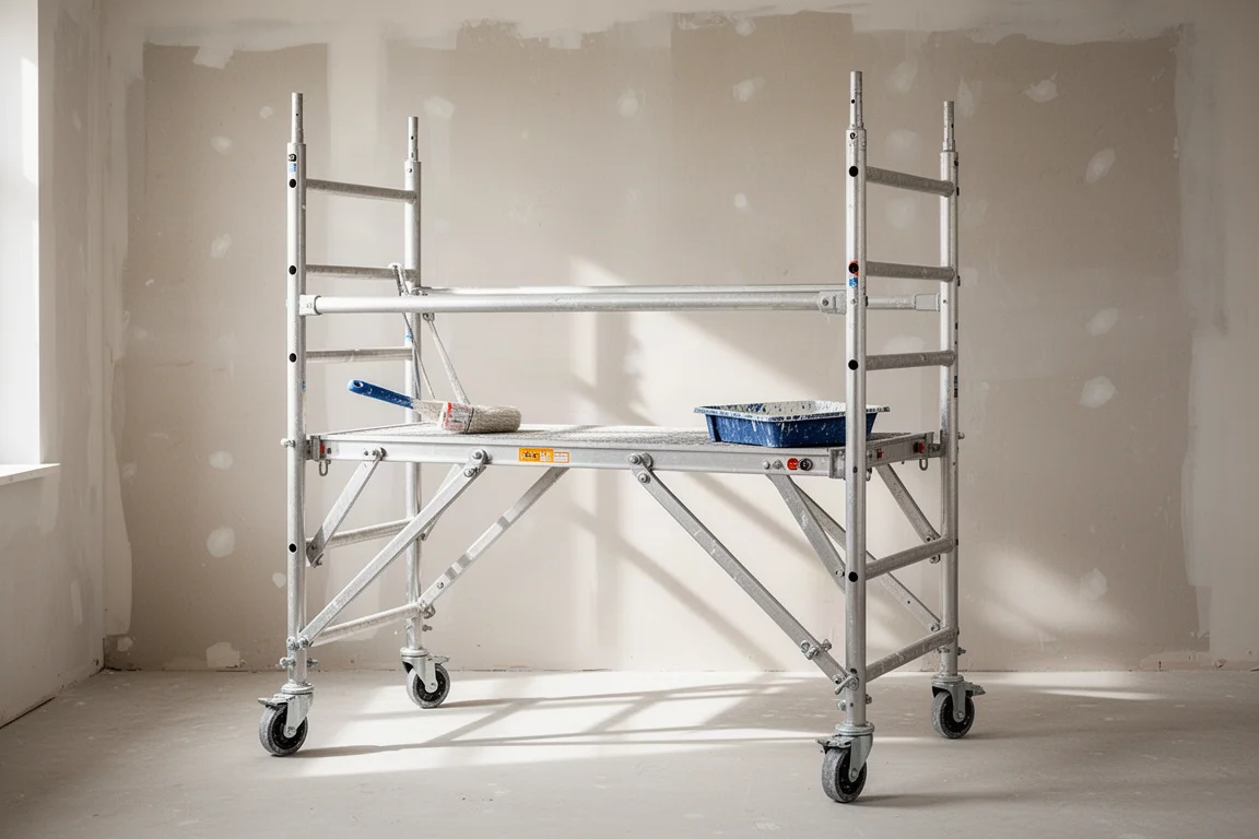 Pintor de pie sobre un andamio plegable ajustable en interiores