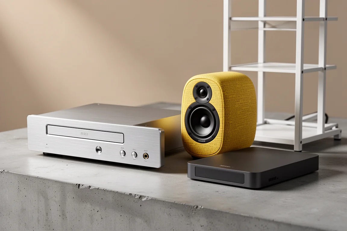 Compact CD player, small yellow bookshelf speaker and slim converter box arranged on concrete