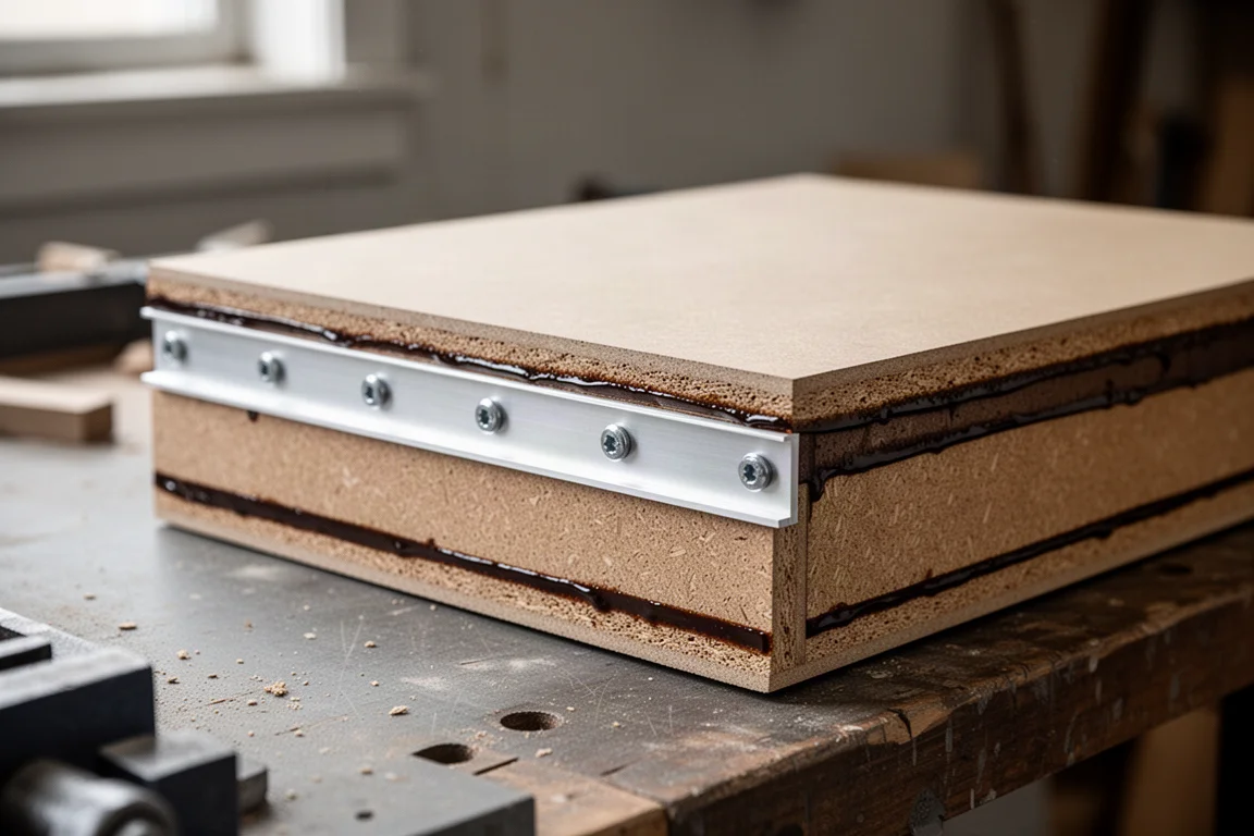 Close-up of a speaker cabinet showing layered board construction and an aluminium baffle plate