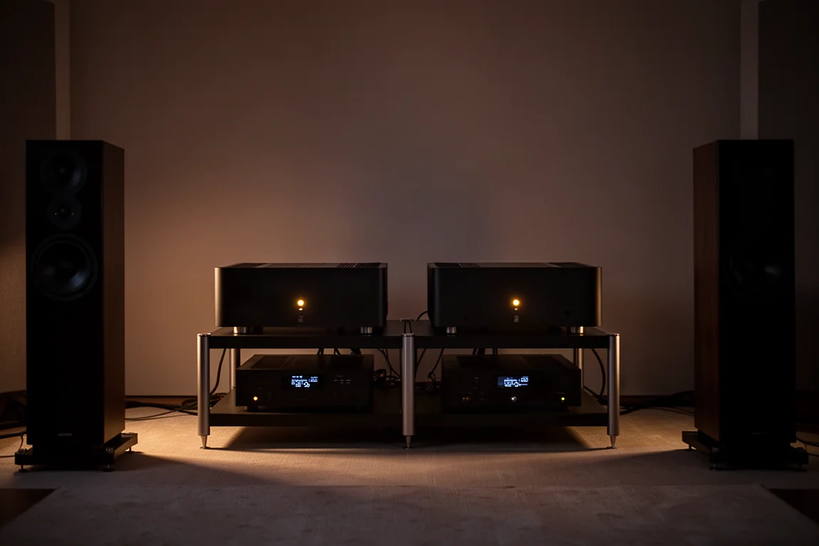 Dimly lit listening room at night with large amplifier chassis glowing on a low rack