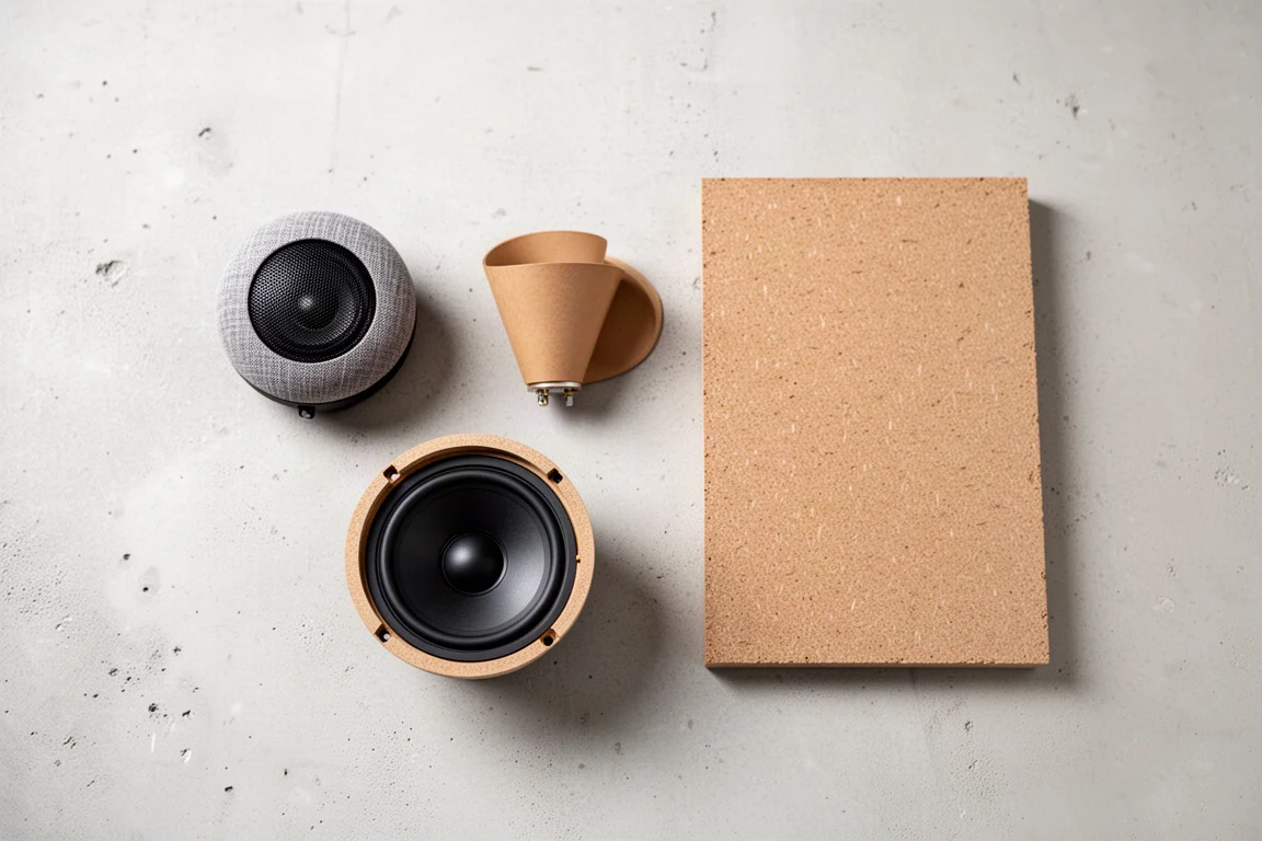 Overhead flat-lay of a tweeter, a paper cone driver and a piece of high density fibreboard