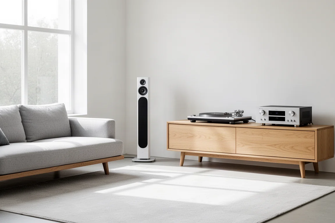 Bright living room with a slim floorstanding speaker, sideboard, turntable and amplifier