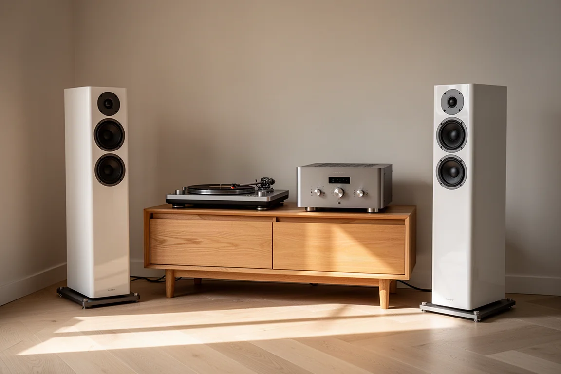 Minimalist listening room with floorstanding speakers, sideboard, turntable and amplifier in soft daylight